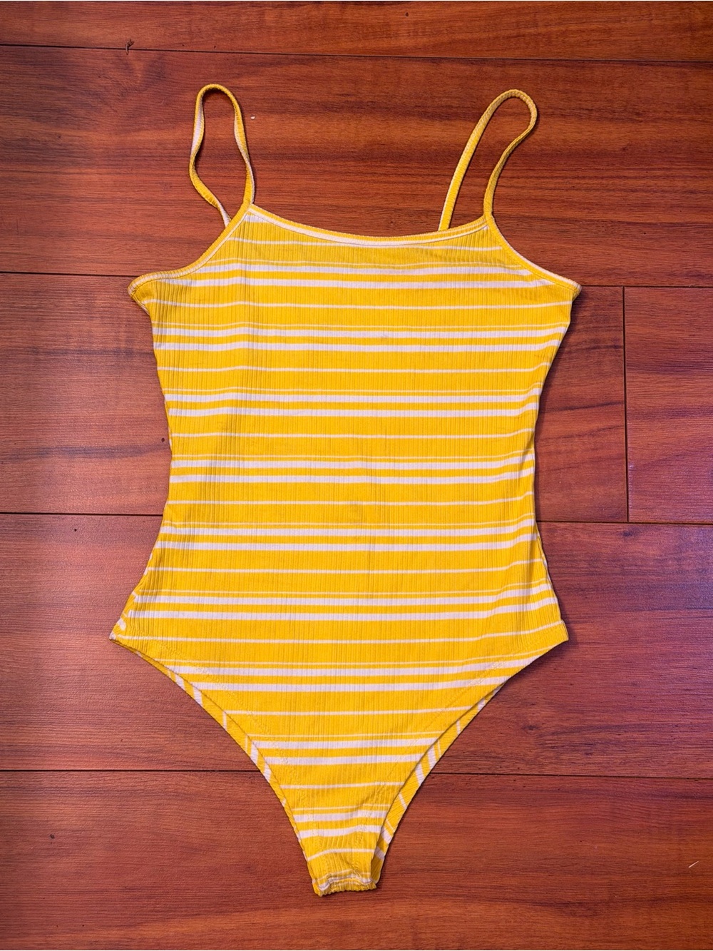 Yellow White Striped Ribbed Bodysuit